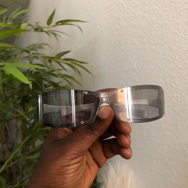 Unisex Retro Futuristic Rectangular Wraparound Rimless Sunglasses Silver Grey Clear Vintage 90 w/ screw metal screws accents sporty streetwear #goth #grunge - Image 4