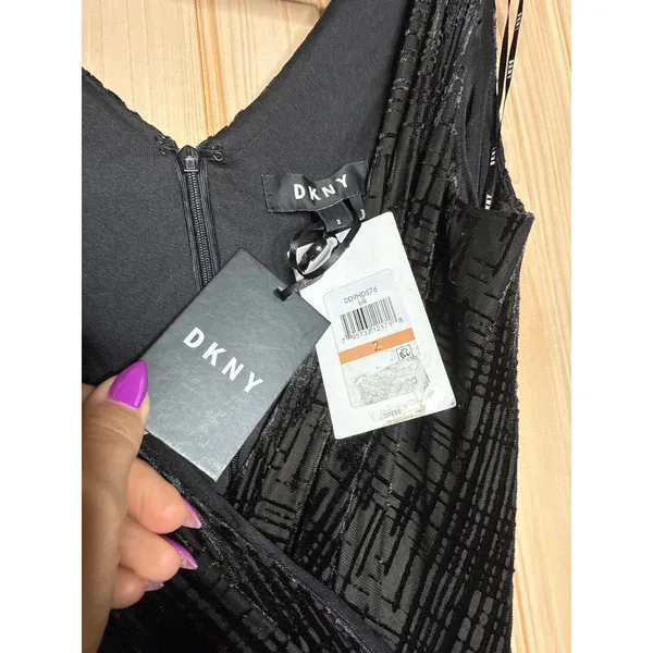 NWT DKNY Womens Black Printed Evening Fit Flare Dress Faux Wrap Asymetrical 2 - Image 6