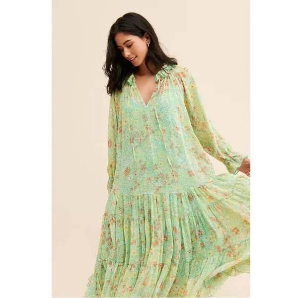 Free People Feeling Groovy Maxi Dress Size Large 70s Chartreuse Floral Bohemian - Image 4