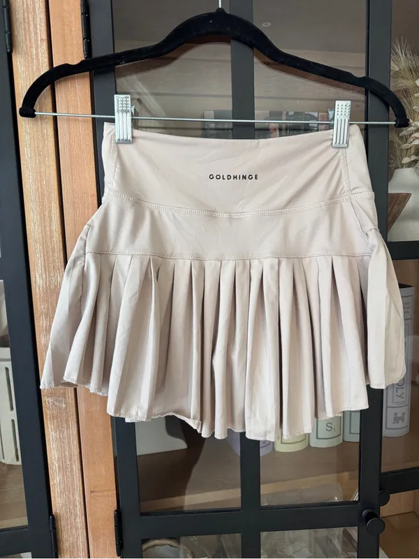 Gold Hinge pleated tennis skirt mini high waisted beige khaki bone skort shorts - Image 6