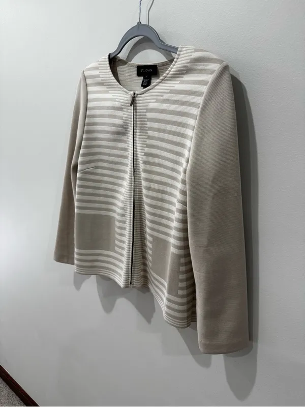 St John Size M Zip Sweater Jacket Wool Cream Stripe Luxury‎ - Image 3