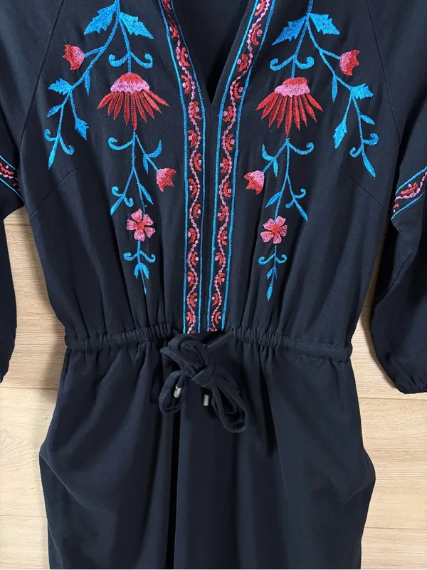 eShakti Cotton Embroidered Black Drawstring Waist Dress Size 4 - Image 3