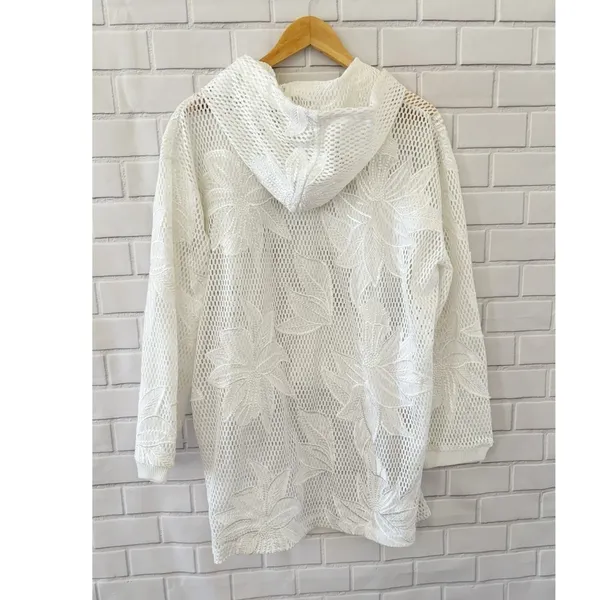 Free People FP Movement White Floral Mesh Hoodie High Low Hem Sweatshirt‎ Large - Image 4