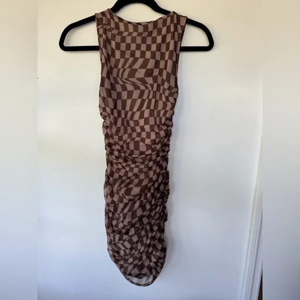 Urban Outfitters Austin Mesh Mini Dress Checkered Patterned Brown‎ Size XS - Image 6