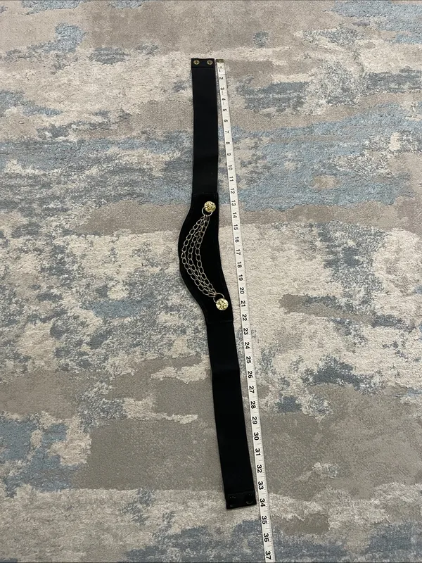 Vintage Circa Genuine Suede Leather Gold Chain Accent Black Elastic Waist Belt - Image 6
