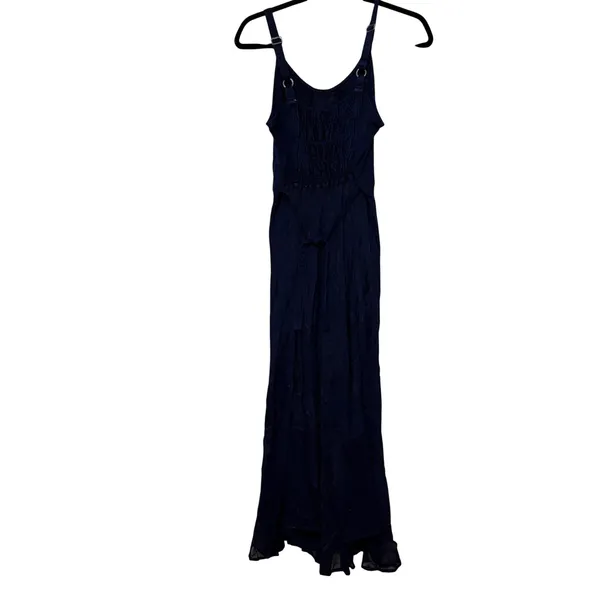 Under One Sky Navy Embroidered Boho Maxi Dress Lace Up‎ Smocked Back Ruffle Hem whimsygoth - Image 6