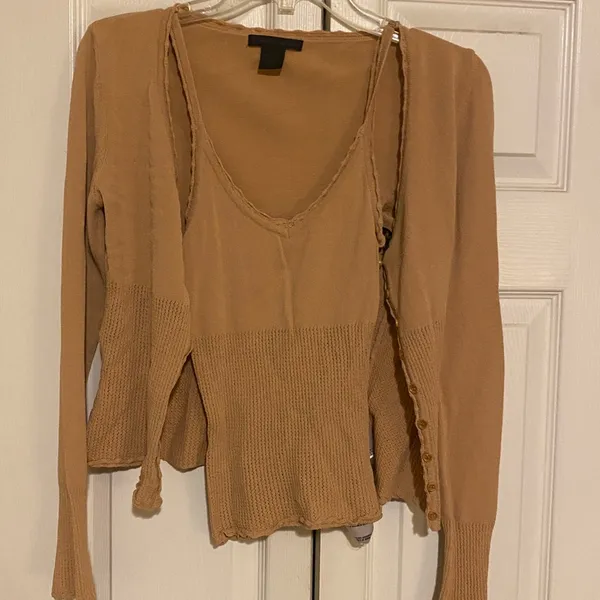 Guess Camel V-Neck Long Sleeve Knit Cardigan and Tank - Image 4