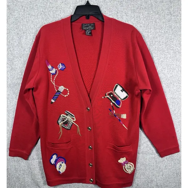Suzelle Womens‎ Cardigan Large Sweater Red Embroidered Cosmetics Button 90s - Image 2