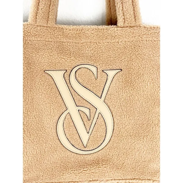 VICTORIA’S SECRET Tan Sherpa Fleece Double Straps Signature Logo Tote Bag - Image 3