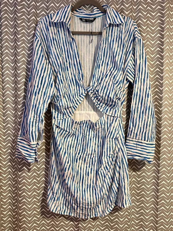 NWOT Zara | Striped Linen Blend Mini Dress with Cut Out Detail, M - Image 2