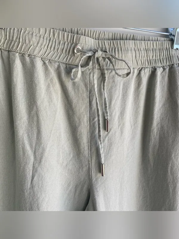 Light sage green wide leg linen pull on drawstring waist pants casual summer XL - Image 3