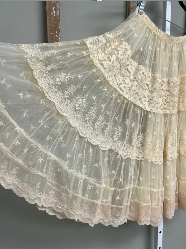 Vintage Boho Fairycore Lace Mesh Tiered Midi Skirt Cream Ivory Sheer Romantic S - Image 4