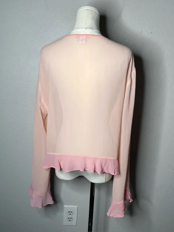 Y2K Vintage Victorias Secret Pink 100% Silk Ruffle Trim Tie Front Cardigan Top - Image 2