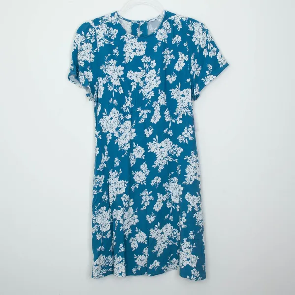 NWT Old Navy Floral Mini Dress Size S Teal Blue Short Sleeve‎ Rayon Pockets - Image 2
