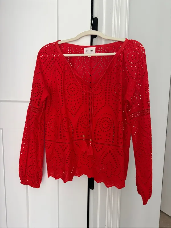 Sezane Ambra red eyelet long sleeve tassel v neck top - Image 2