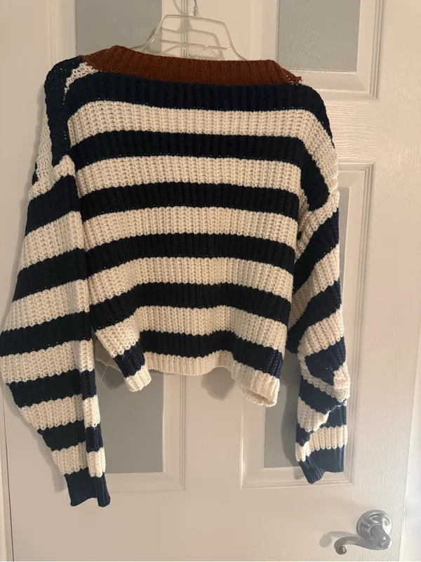 Altar’d State Cropped Striped V-Neck Button Cardigan - Navy, Cream & Brown - Image 4