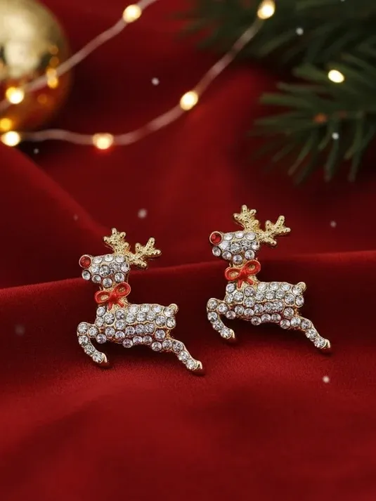 Holiday Gold Reindeer Crystal Stud Earrings - Image 5