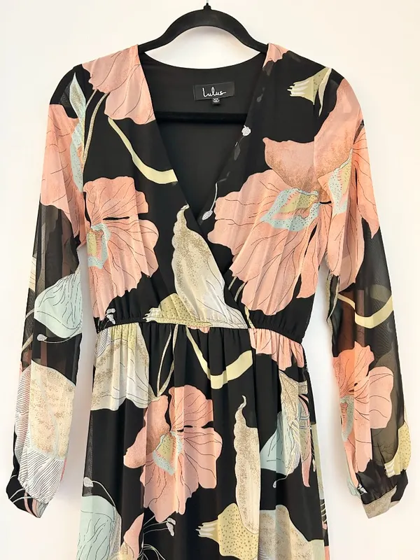 Lulus Wondrous Water Lilies Black Floral Print Maxi Dress Size XS - Image 5