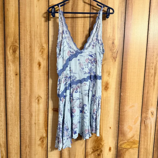 Free People Slip My Mind Trapeze Dress Blue Floral Lace Mini Size Small - Image 5