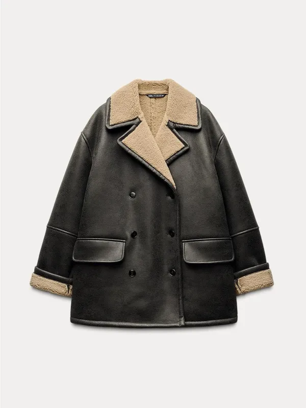 Zara Black Faux Leather Pea Coat with Cream Shearling Collar - Image 3