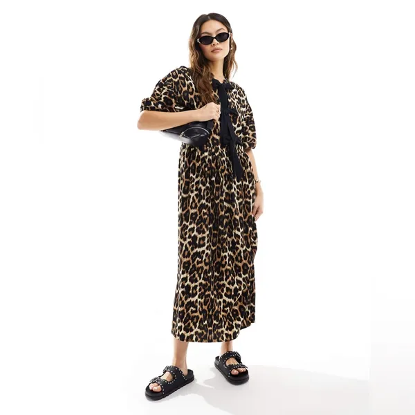 ASOS DESIGN puff sleeve tie front maxi dress in leopard print - Image 6