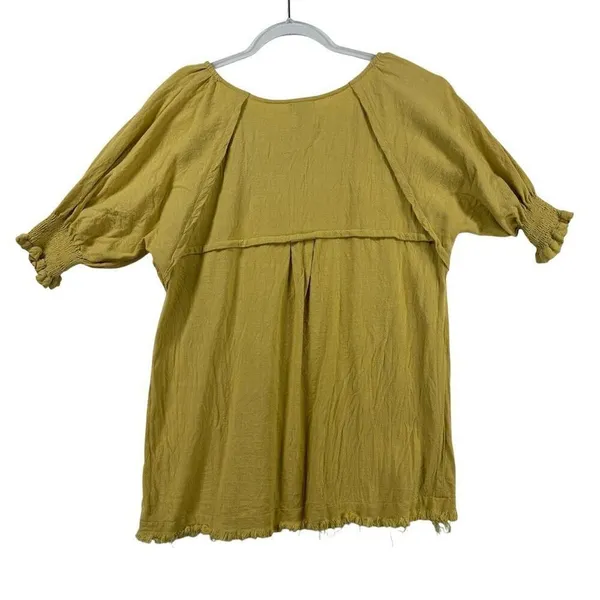 ShopTheMint Women M Yellow Boho Smocked Short Sleeve‎ Linen Blouse Fall Layering - Image 2