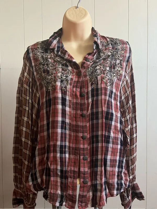 Free People SNOW TOP MOUNTAINS Red Plaid Shirt with Embroidered Sequins - Image 2