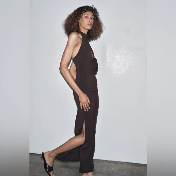 NWT Zara Halter Slit Long Dress With Flower Chocolate Brown Color Size S/XS - Image 3