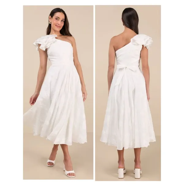 Lulus Sweet Definition White Burnout Ruffled One-Shoulder Midi Dress Size Large - Image 2