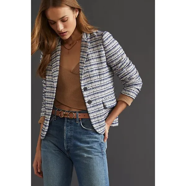 Anthropologie Hutch Blue Tweed Blazer Metallic Boucle‎ Jacket Medium - Image 5