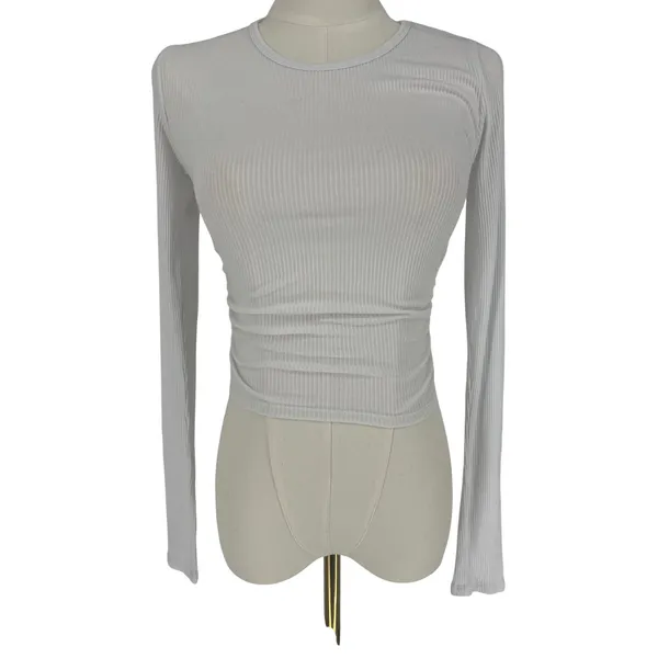 Alo Yoga Gather Long Sleeve White Ribbed Ruched Crop Top XS - Image 5