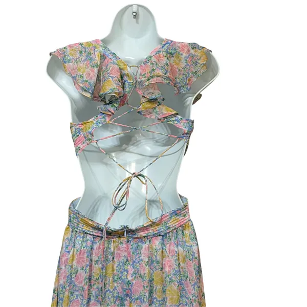 ASTR The Label Floral Cutout Maxi Dress Pink Blue Pleated Lace Up Back Small - Image 7