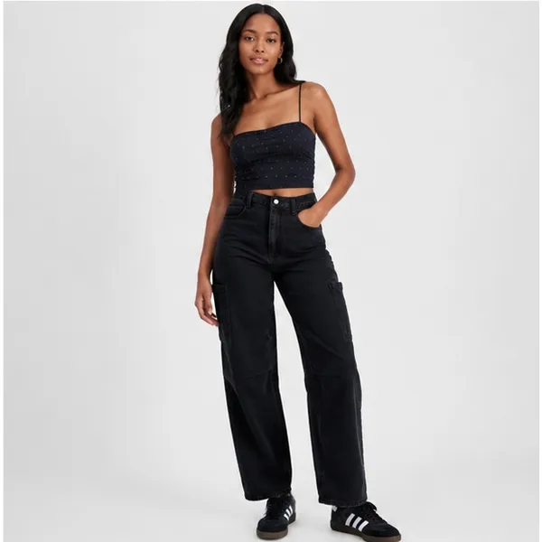 Tinseltown Juniors Cargo Jeans Size 0 Black High Rise Baggy Wide Leg Denim - Image 4
