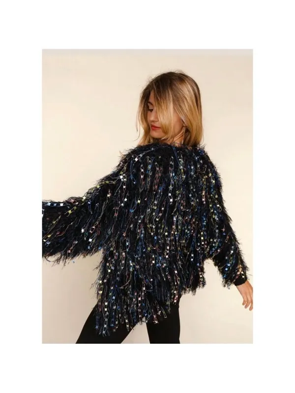 Haptics Long Sleeve Multicolor Fuzzy Fringe SweaterCardigan, Size L, Black Multi - Image 2