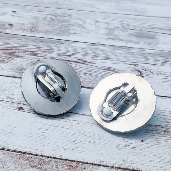 Vintage Clip On Earrings Statement Large Ornate Silver Tone with Black Center - Image 7