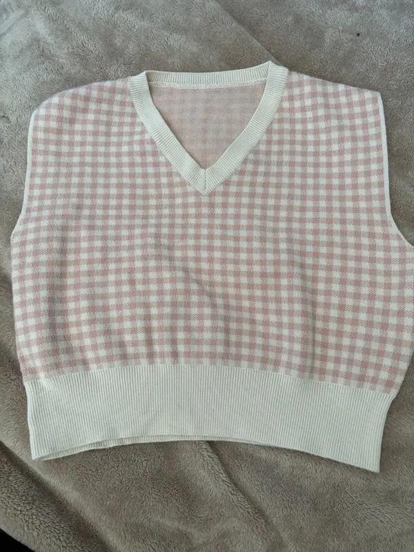 Pink & Cream Gingham V-Neck Sweater Vest Preppy Coquette Knit Top S/M - Image 2