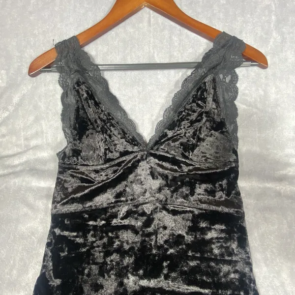 Free People Black Velvet Tank Top mini dress Small Babydoll Lace Romantic Whimsy - Image 3