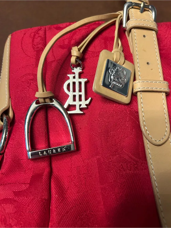 Women’s Ralph Lauren Red Jacquard Tote Bag Tan Trim Shoulder Bag - Image 6