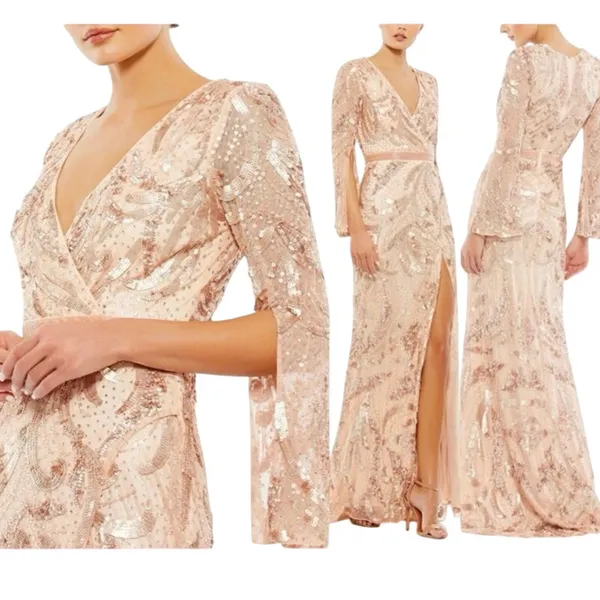 MAC DUGGAL 5222 Sequin Faux Wrap Split Long Sleeve Gown Size 8 New w/ Tag $598 - Image 3