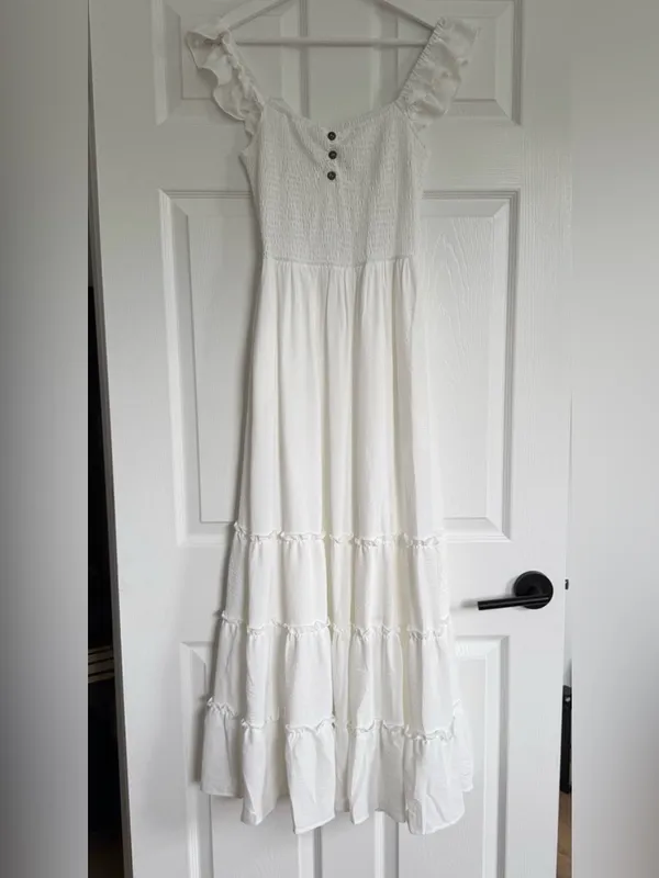 White Ruffle Maxi Dress with Button Detail - Image 2