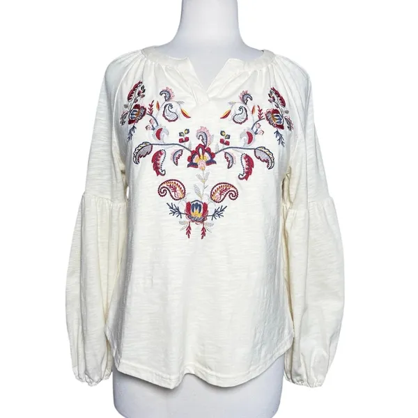 Women’s Boho Embroidered Popover Split Neck Cream Long Sleeve Top - Image 4