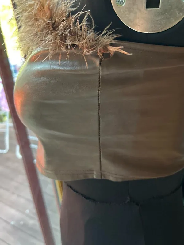 SHEIN Brown Faux Leather Feather-Trim Crop Top - Image 4
