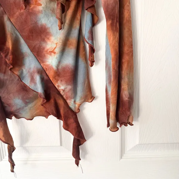 Fashion Bug Blue Brown Tie Dye Frill Goth Core Y2K Boho Ruffle Blouse Small USA - Image 5