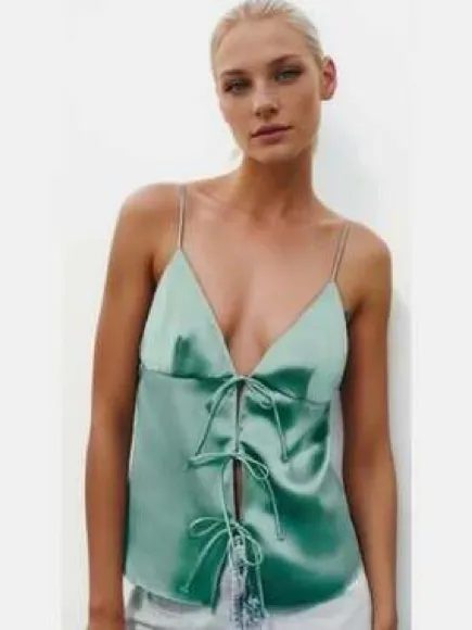 Zara tie front bows satin-finish emerald tank top vneck going out - Image 3