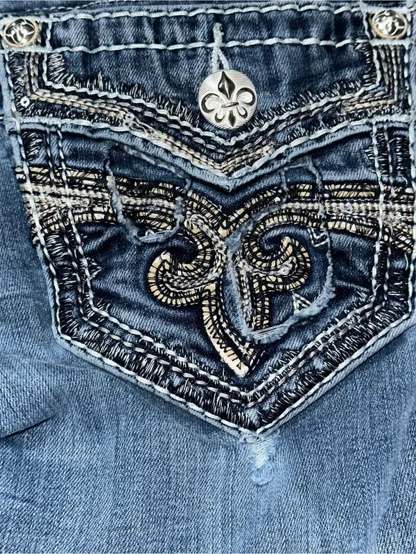 Rock Revival Denim Women’s Size 26 Blue Straight Leg Distressed Embellished Flap - Image 5