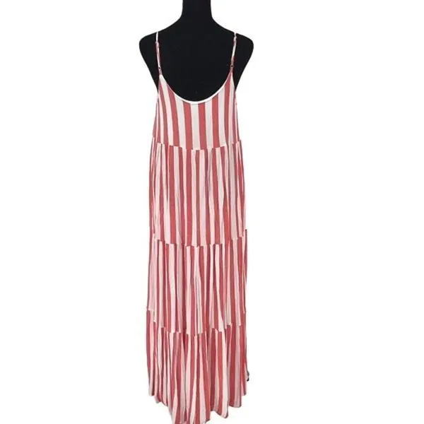 She + Sky Womens Striped‎ Adjustable Strap Tiered Maxi Dress White Coral Medium - Image 5