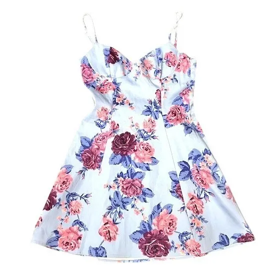 Zara Blue Pink Floral Bustier Mini Dress‎ Spaghetti Strap Fit and Flare Size M - Image 2