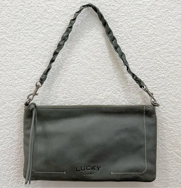 LUCKY BRAND Olive Green Genuine Leather Woven Strap Wristlet Mini Shoulder Bag - Image 8