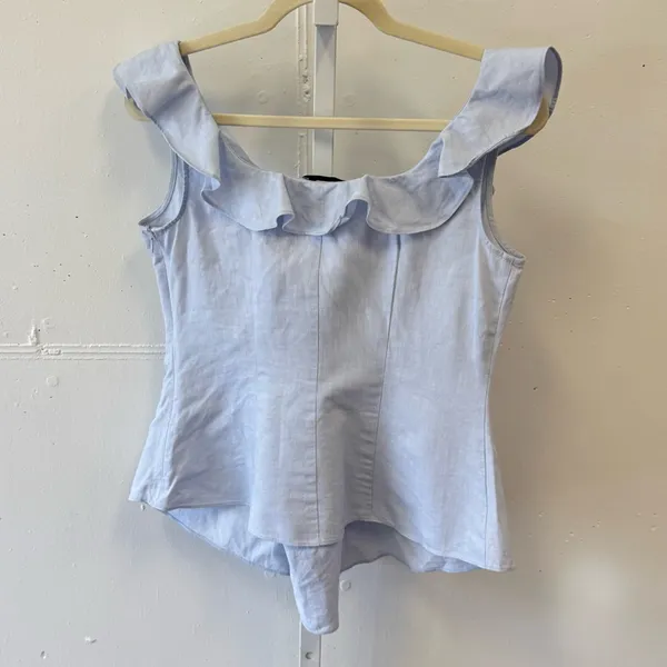 🍁 Lewit Linen Cotton Lace Up Ruffle Sleeveless Blouse Summer Boho Light Blue Sm - Image 2