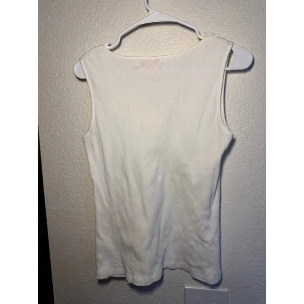 Zena Womens Ribbed Cotton Tank Top Cream Lace V-Neck Sleeveless Shirt Large - Image 5